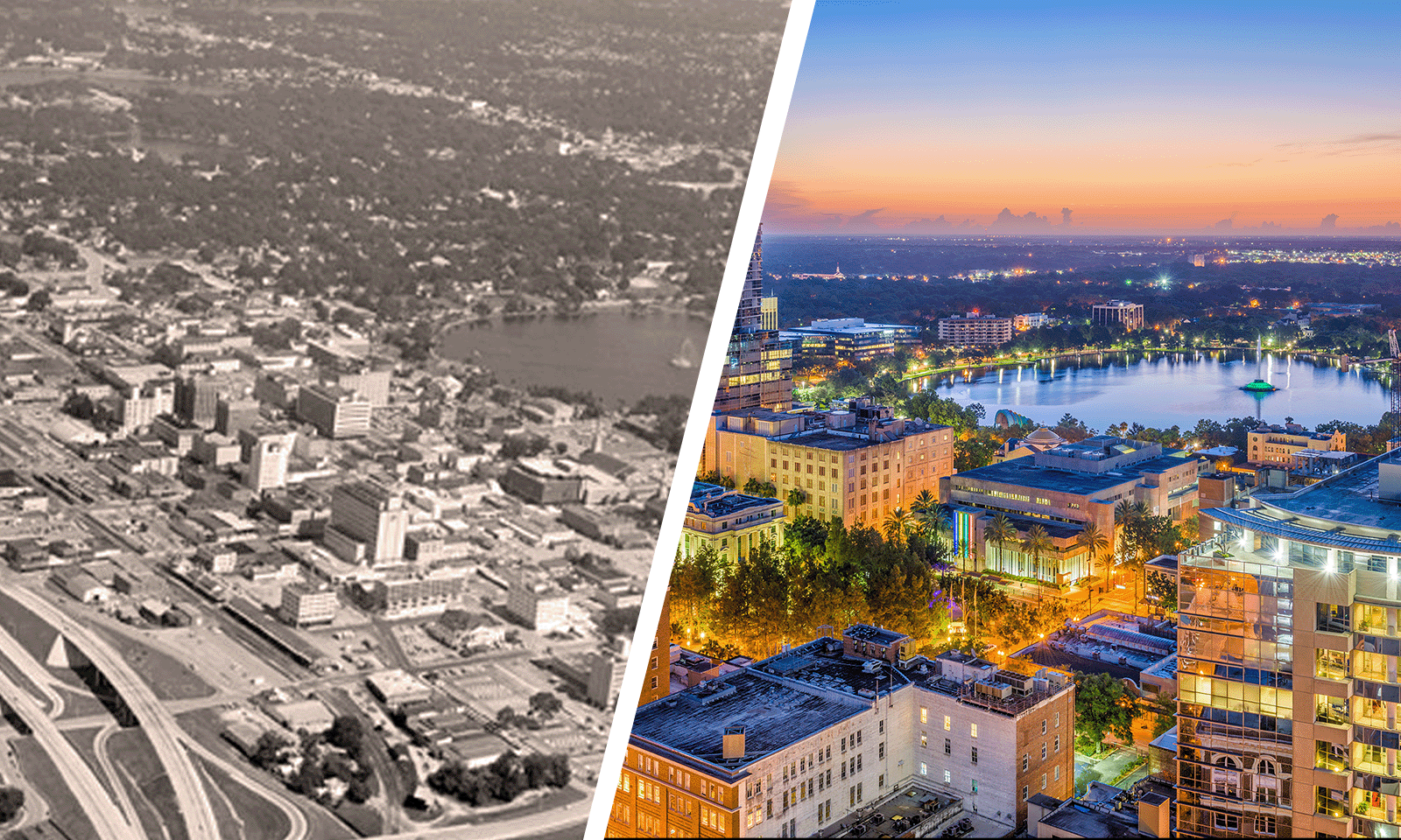 two images of downtown orlando in the 1960s and today